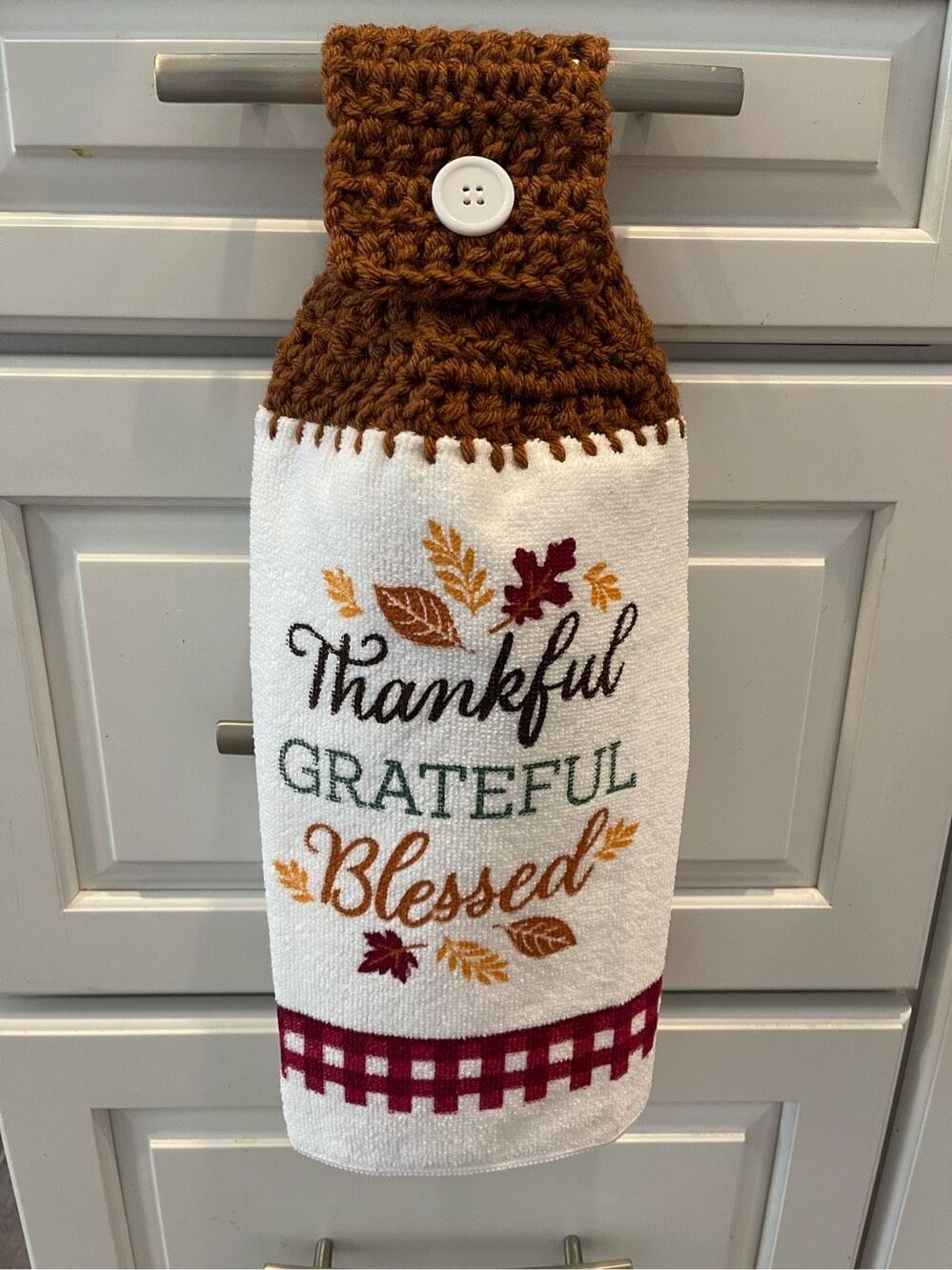 Crochet Top Kitchen Towel-Thankful Grateful Blessed. Brown topper